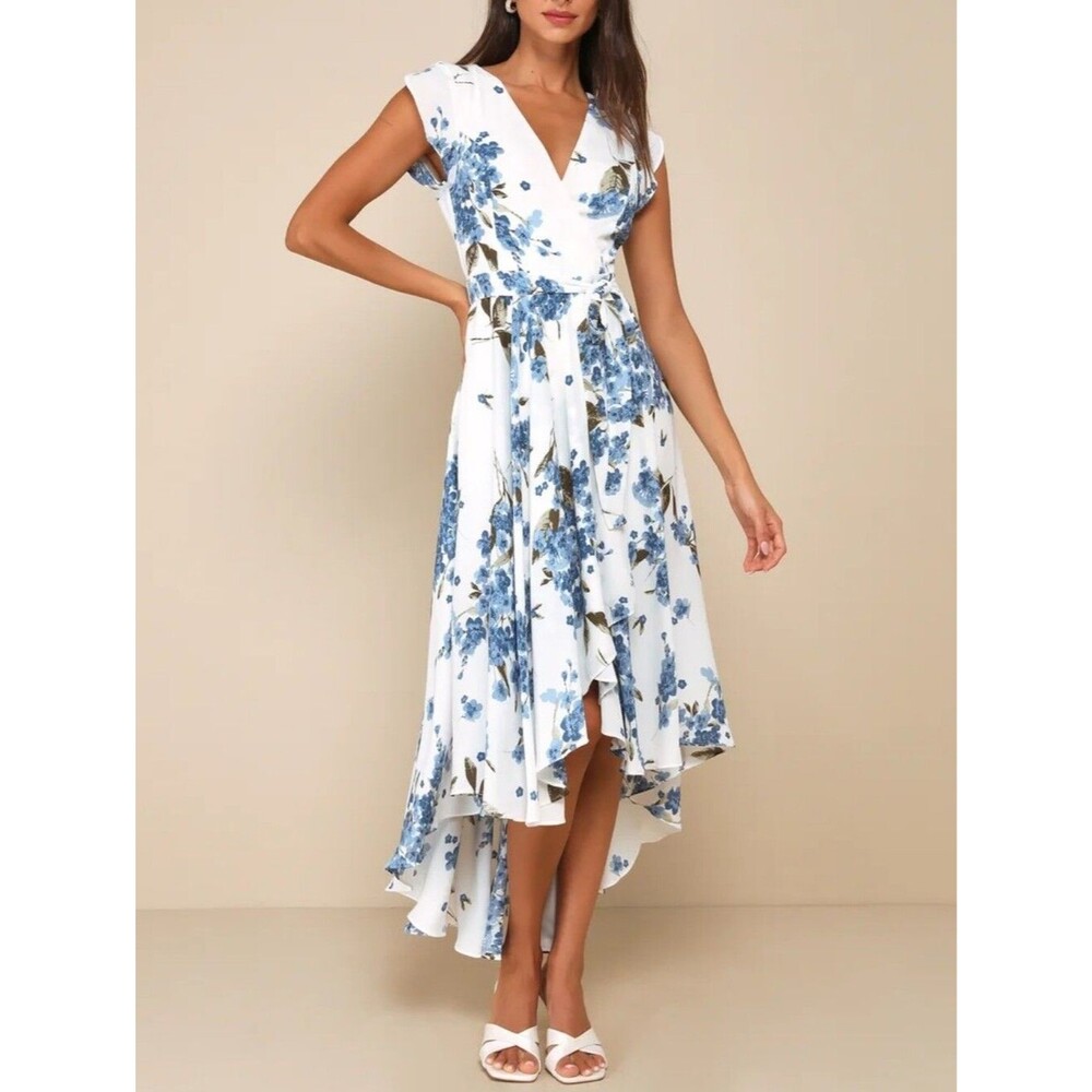 Lulus French Countryside White & Blue Floral Print High Low Dress - Size Small